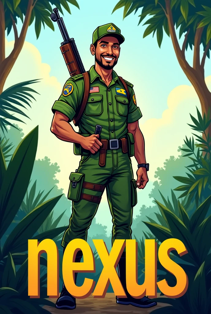 A cartoon man wearing the Brazilian army uniform, holding a rifle, with the word below. "nexus"