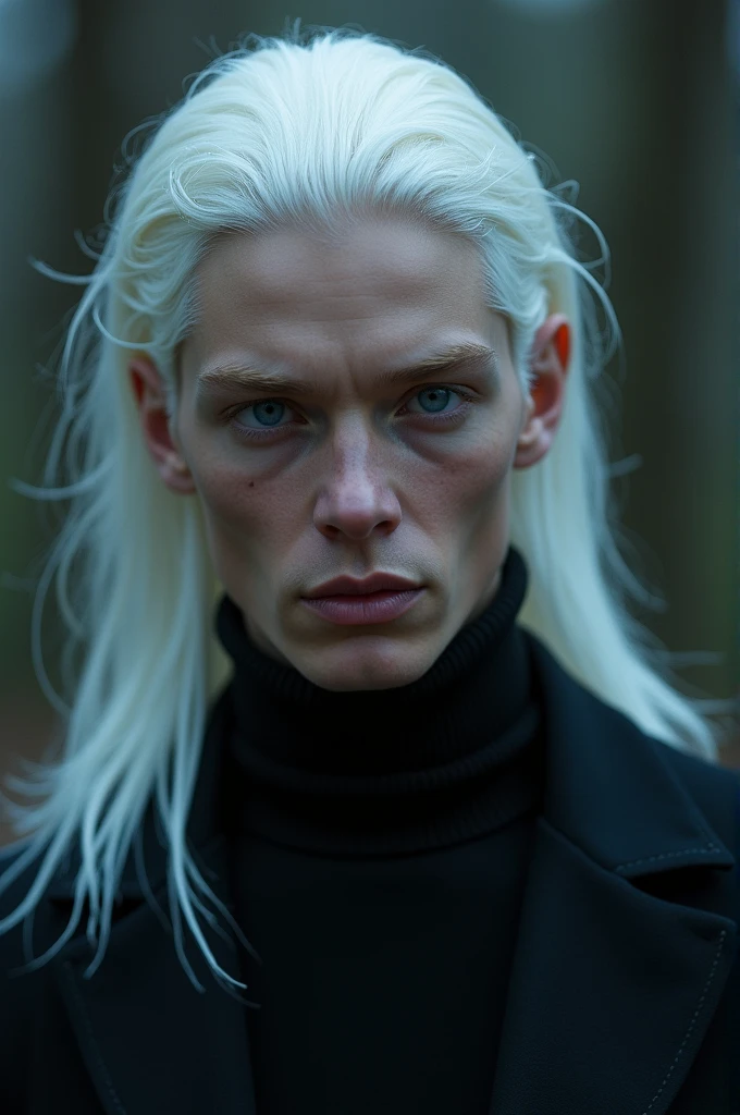 ((best quality)), ((masterpiece)), (detailed), perfect face
Tall, young white man, forte e musculoso. His shoulders are broad and muscular. NORMAL and ROUND face. . SMALL and ROUND CHIN. Her lips are thin, NORMAL and beautiful. HIS EYES ARE VIOLET and VERY BRIGHT. his Eyebrows are white. white  hair, VERY LONG and voluminous thrown back. wear a black turtleneck.
He has a mysterious appearance and lives in a night forest.