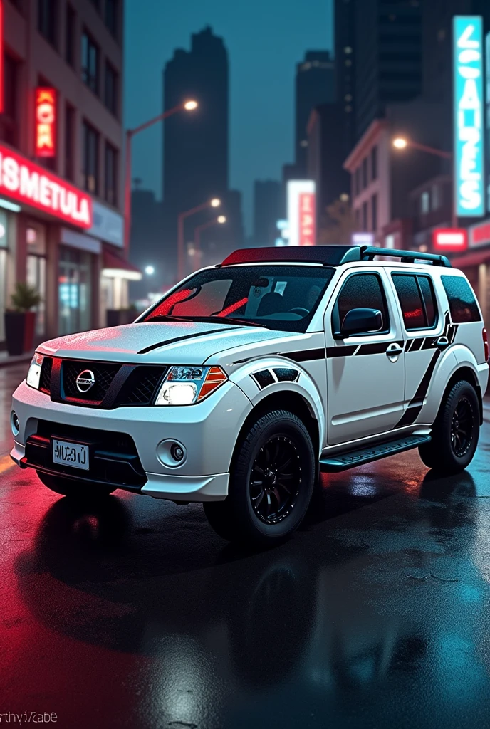 A white 2005 Pathfinder R51 with stripes on the sides, dark tinted windows, and racing decorations.