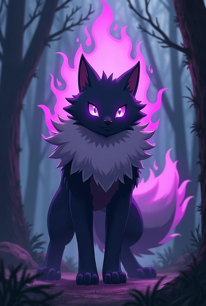 Draw a dark-furred wolf Pokémon with big, purple eyes, with an abundant coat on the neck and a large, fiery mane with purple flames, and a silvery coat on the chest and abdomen, with an imposing, upright posture