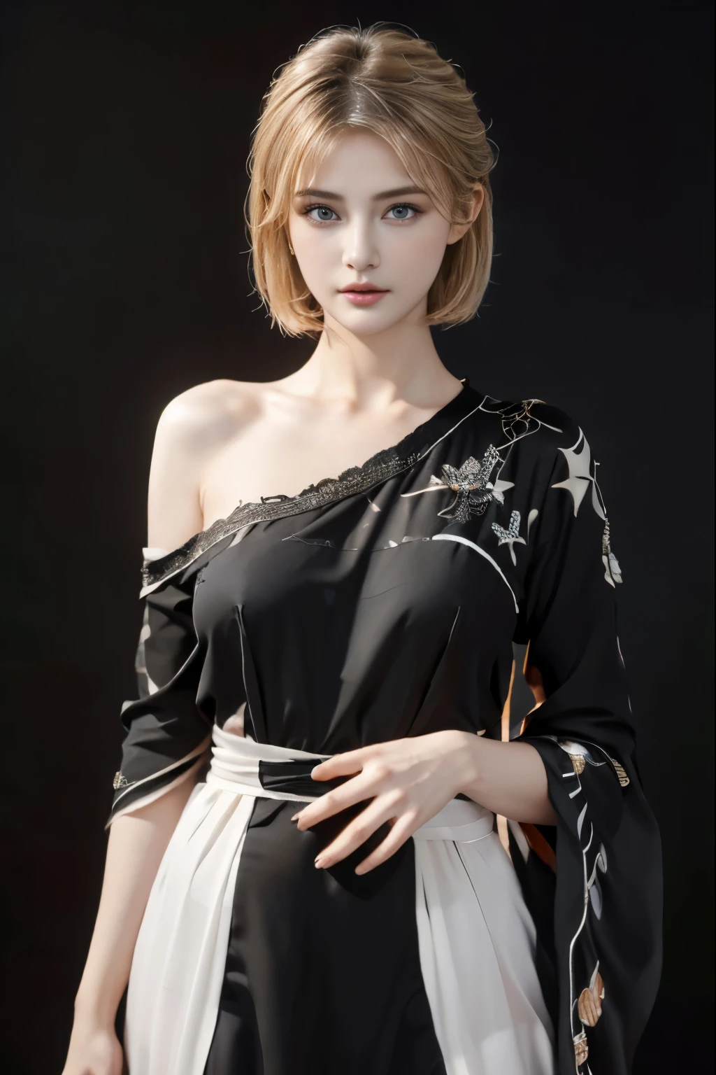 4K resolution,8K resolution,beautiful,best quality,It was amazing,Very detailed,Ultra-high resolution,masterpiece,(Practical:1.5),(Practical:1.5),Increase the depth of field,Movie Lighting, Beautiful big breasts:1.5 )) , ((Cami White, Blonde Hair, Bangs, short hair, blue eyes, Antenna hair, Abdominal muscles, )), (Delicate face), Small lips, ((Abaya,)),Black long hair,(beautiful脸庞,Exquisite details:1.5),(蓬松的blue eyes: 1.21),With a gentle expression,Transparent and fair skin,(Skin texture is very delicate:1.5),Good proportions,Attractive figure,Anatomically correct body, Elegant high leg swimsuit,Gorgeous design,Gorgeous and detailed pattern,Beautiful and detailed pattern,Detailed fabric texture,Decorated with luxurious jewellery, (black background:1.6), (dramaticangle:1.5),A black line dress made of exquisite and artistic lace、很beautiful连衣裙、Super luxurious gown ,
