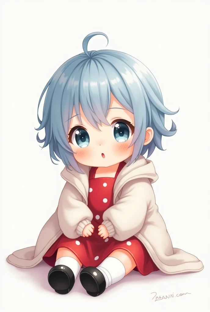 One year old anime baby with light blue hair wearing a red dress with white dots white stockings and black doll shoes white background white sweater