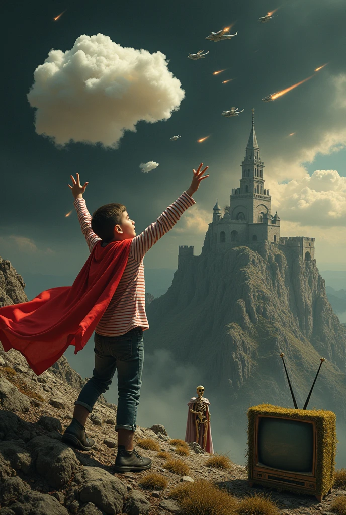 a boy with a red cape carrying clouds　A boy in a red and white striped shirt　
horizon　Black Sky　A large number of bombers floating in the sky　explosion　
Breaking castle　A bell tower on a mountain　A swordsman taking refuge in a temple　
Big gate　A moss-covered television　gold skeleton
