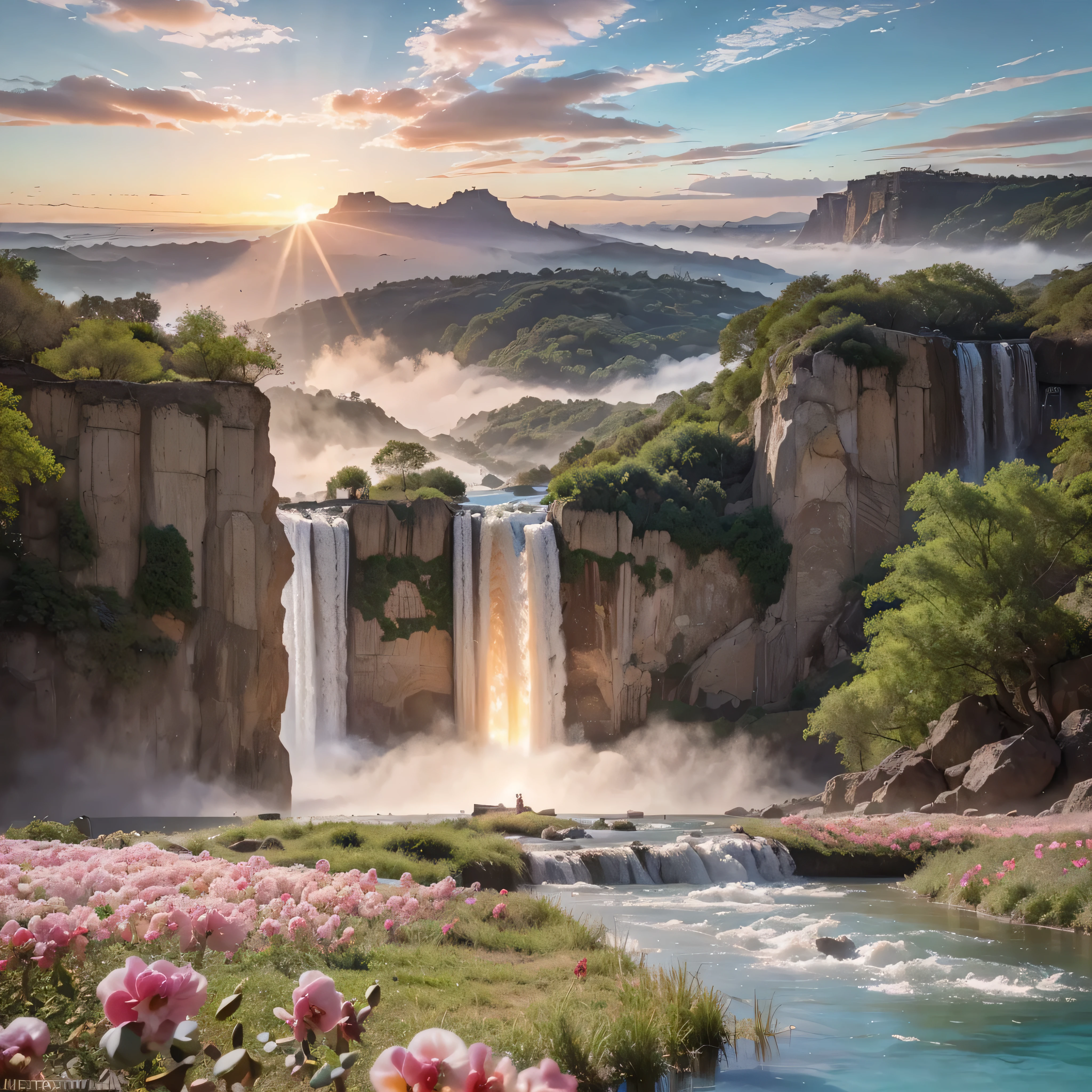 (8k, highest quality, masterpiece, final fantasy style: 1.2), (unRealistic, photoRealistic: 1.37), Dreamy landscape, epic scenes, sunset, Fantasy, Unsurreal landscapes, Super detailed, Flying futuristic  Castle, Floating Island in the Sky, Seven-colored swirl of light, Intense lightning, nebulas,Complex Light, Colored light, blue clear Large Lake, Starry sky reflected on the lake surface, Countless shining stars, Meteors,  Reflections , (A pillar of light emanated from the ground:1,2), (((roses and orchids gardens , bright sunset, pink and blue clouds, waterfalls in the sky, realistic style))), Hyperrealistic drawing , burning futuristic skyscrapers, , timeless realms, healing light magic effect, in a crystal clear blue magical lagoon of the fairyland, crystal clear waters with silver surface reflections, sharp focus, (close-up:0.9), (bright white theme:1.2), (bright white tone:1.2), (deep blue tone:1.3),((( realistic, Hyperrealism, vivid colours , landscapes , alien nature , science fiction themes))), mountains and abyss, water resources and waterfalls , fog , 