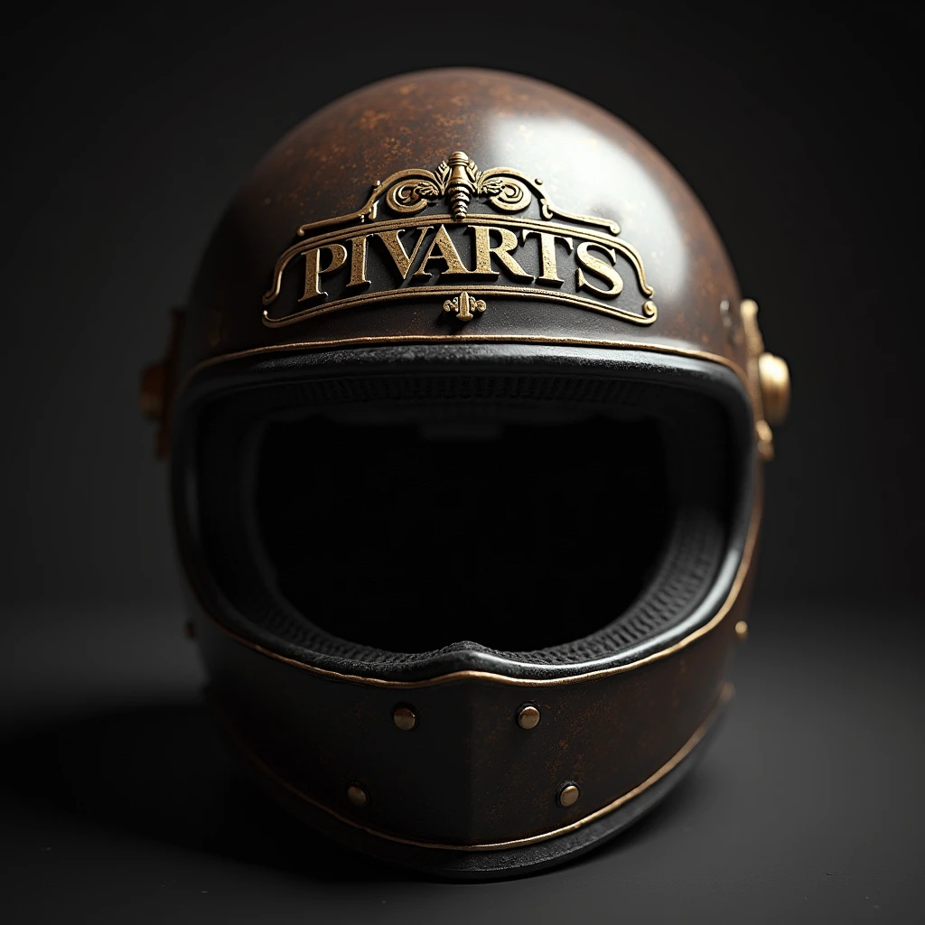 vintage motocicle helmet logo, with text PIVARTS, circle, intricate details, high quality, photorealistic, 8k, sharp focus, extreme detail, studio lighting, professional photography, dynamic composition, dramatic lighting, moody atmosphere, cinematic rendering, elegant typography, minimalist design