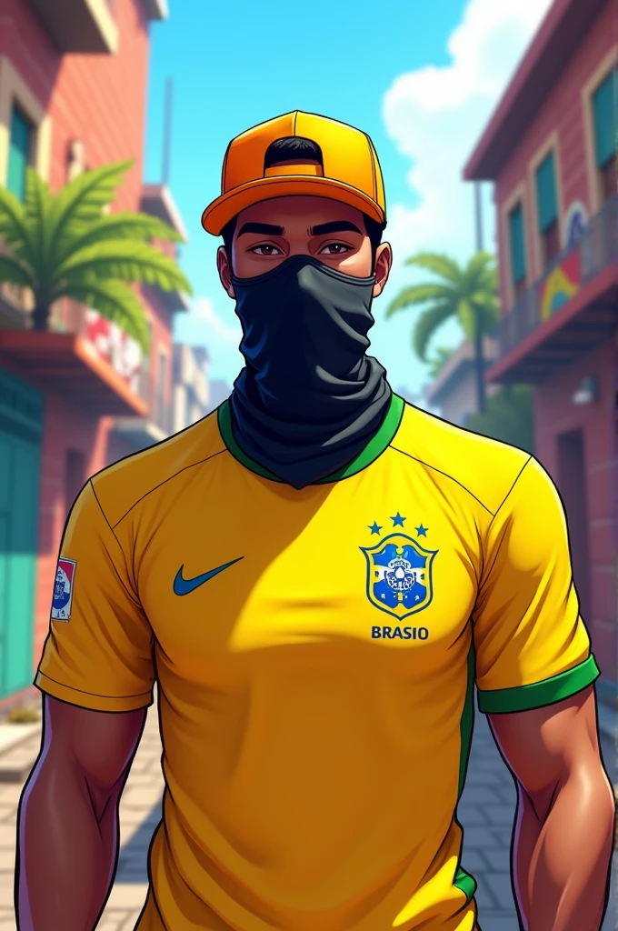 Male character in Free Fire cartoon style wearing a Brazil shirt, orange backwards cap and black mask. 