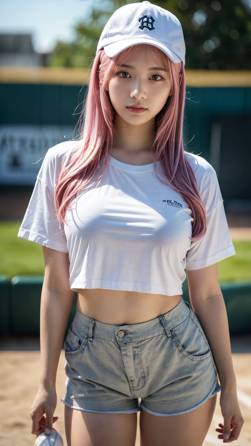 21yo girl,pink hair,long hair, wearing oversize white t-shirt, shorts, wearing a baseball cap, natural big breast, show big thigh, plump body, single sidelock hairpin blush modern cinematic lighting,ray tracing,drop shadow wide shot UHD,textured skin,high details,best quality 4K, (from below:1.2), (realistic:1.1), (surreal:1.2), (very detailed:1.1)