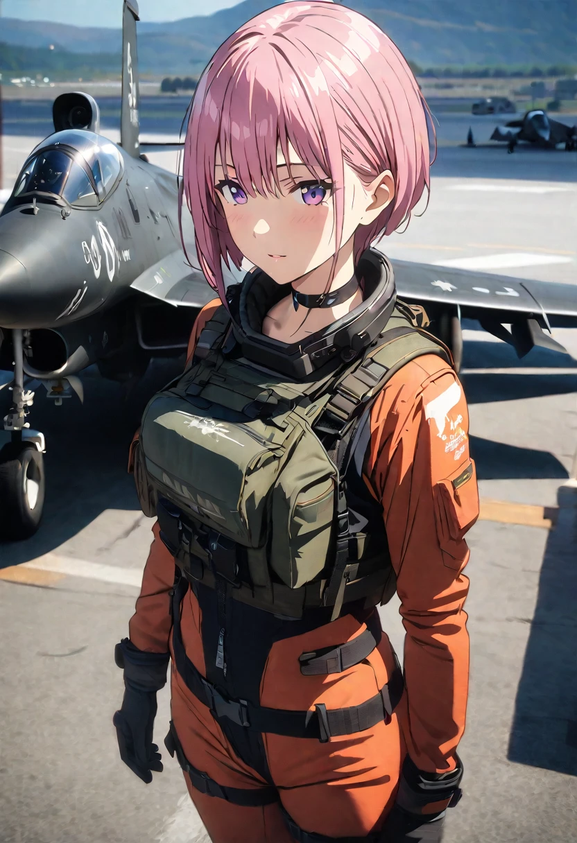 (Highest quality, 4K, 8k, High resolution, masterpiece:1.2), Very detailed, Picturesque, Anime style photo, Photo Anime:1.37)、Japanese、(Pink hair)、(pixie cut)、Air Base、Black choker、camouflage fighter pilot suit、Standing next to the A-10 Thunderbolt II、Panoramic view、Nakano Ichika