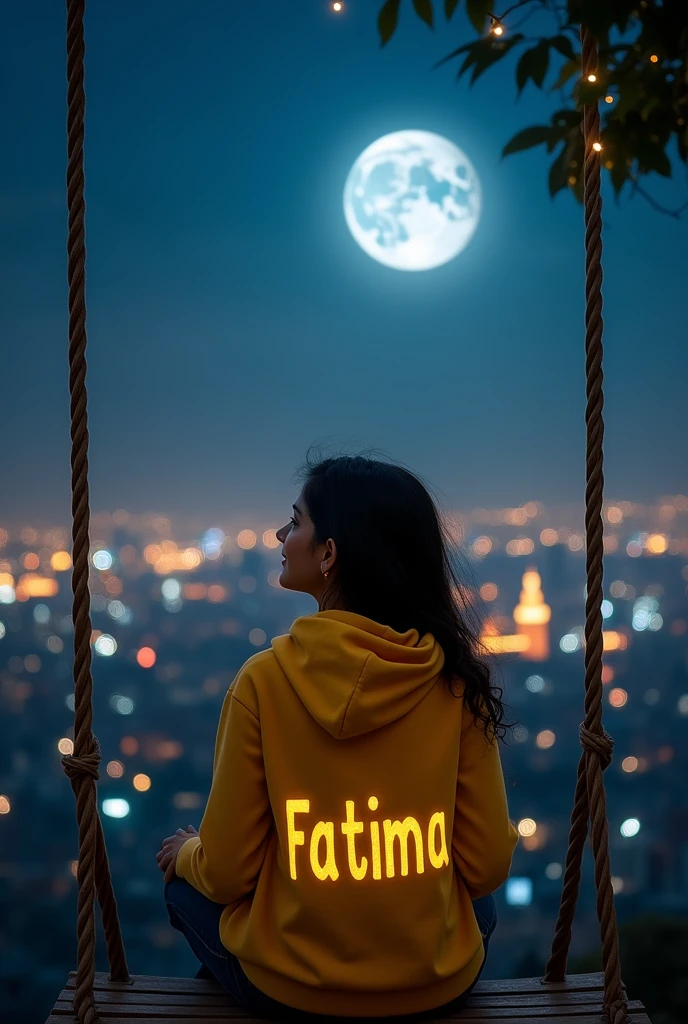 A young 20 year old Cute Pakistani girl is sitting on a swing in front of a beautiful moonlit cityscape and the girl is wearing a yellow hoodie name written Fatima written on hoodie. girl, and she looking at the moon. The image has a soft, romantic feel to it.