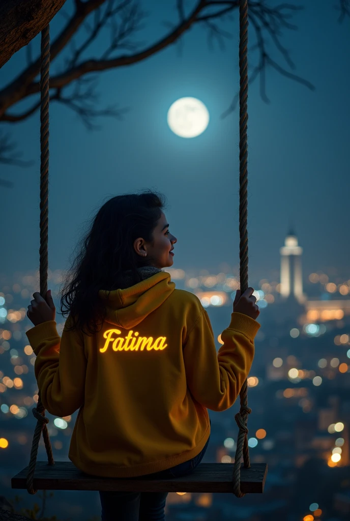 A young 20 year old Cute Pakistani girl is sitting on a swing in front of a beautiful moonlit cityscape and the girl is wearing a yellow hoodie name written Fatima written on hoodie. girl, and she looking at the moon. The image has a soft, romantic feel to it.