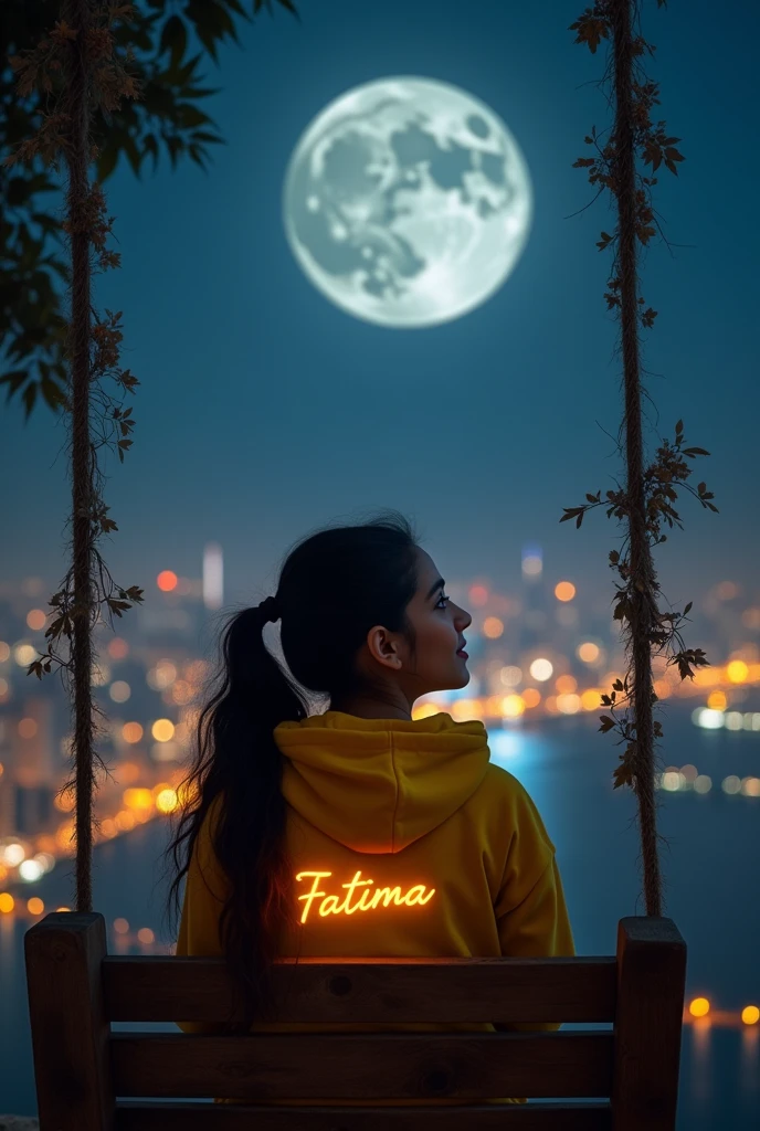 A young 20 year old Cute Pakistani girl is sitting on a swing in front of a beautiful moonlit cityscape and the girl is wearing a yellow hoodie name written Fatima written on hoodie. girl, and she looking at the moon. The image has a soft, romantic feel to it.