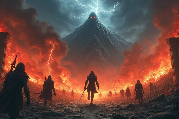 The cover should show an epic and chaotic scene. Ao fundo, we have a destroyed view of Mount Olympus, with broken pillars, buildings collapsing and flames devouring the divine structure. The sky is a mixture of red and black, with clouds of smoke and lightning crossing, symbolizing chaos. to the left, we see the ruin of Camp Half-Blood, with Half-Blood Hill and Thalia's Pine Tree in flames, surrounded by debris. Ao centro, Percy Jackson, holding his sword Riptide. hovering in air, right above Percy, like a sinister shadow, The King of Chaos stands, a hooded figure with eyes glowing with power, almost hidden in the darkness. To the right and left of the King of Chaos, we have the Knights of Chaos in a combat stance. Each represented according to their respective colors and powers, exuding an aura of threat, in the 600x400 format and using the art of the Percy Jackson covers.