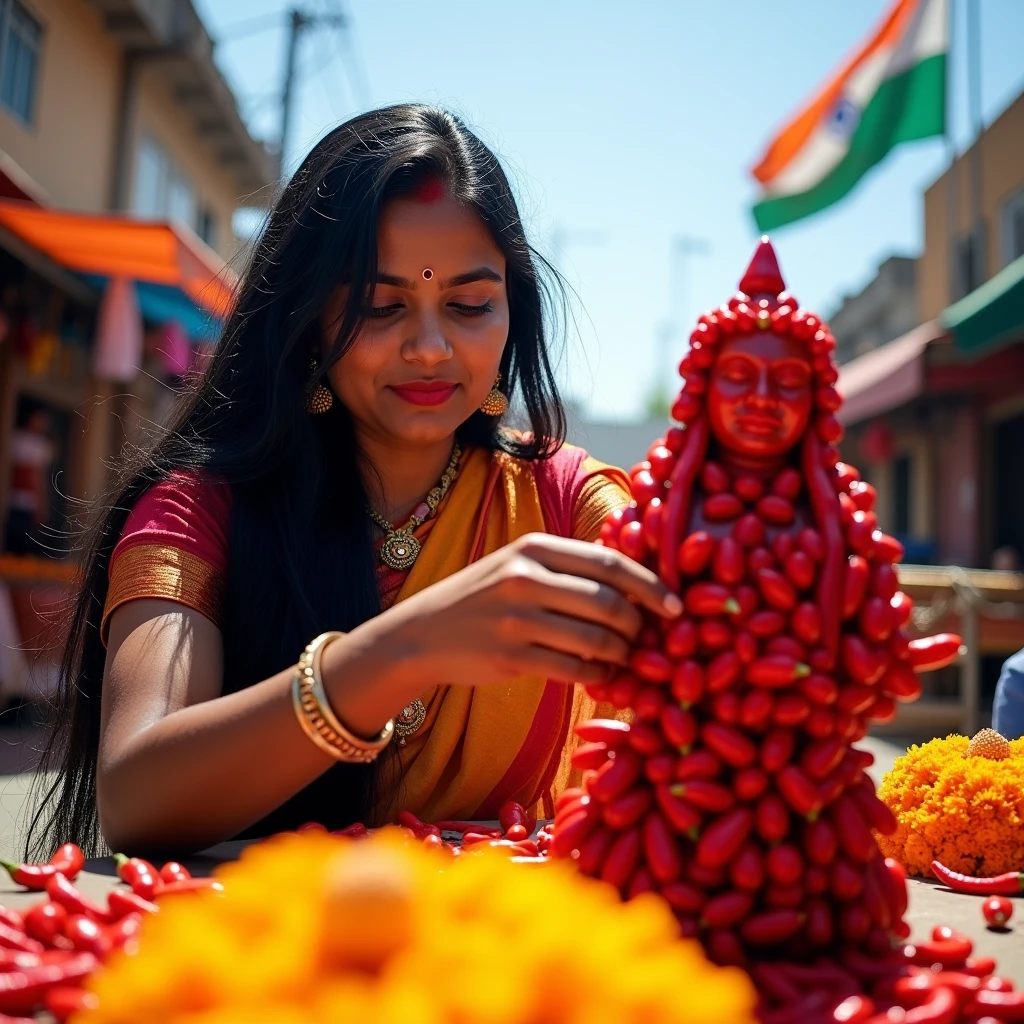 An Indian woman is making a god out of chillies. The Indian flag is waving. 