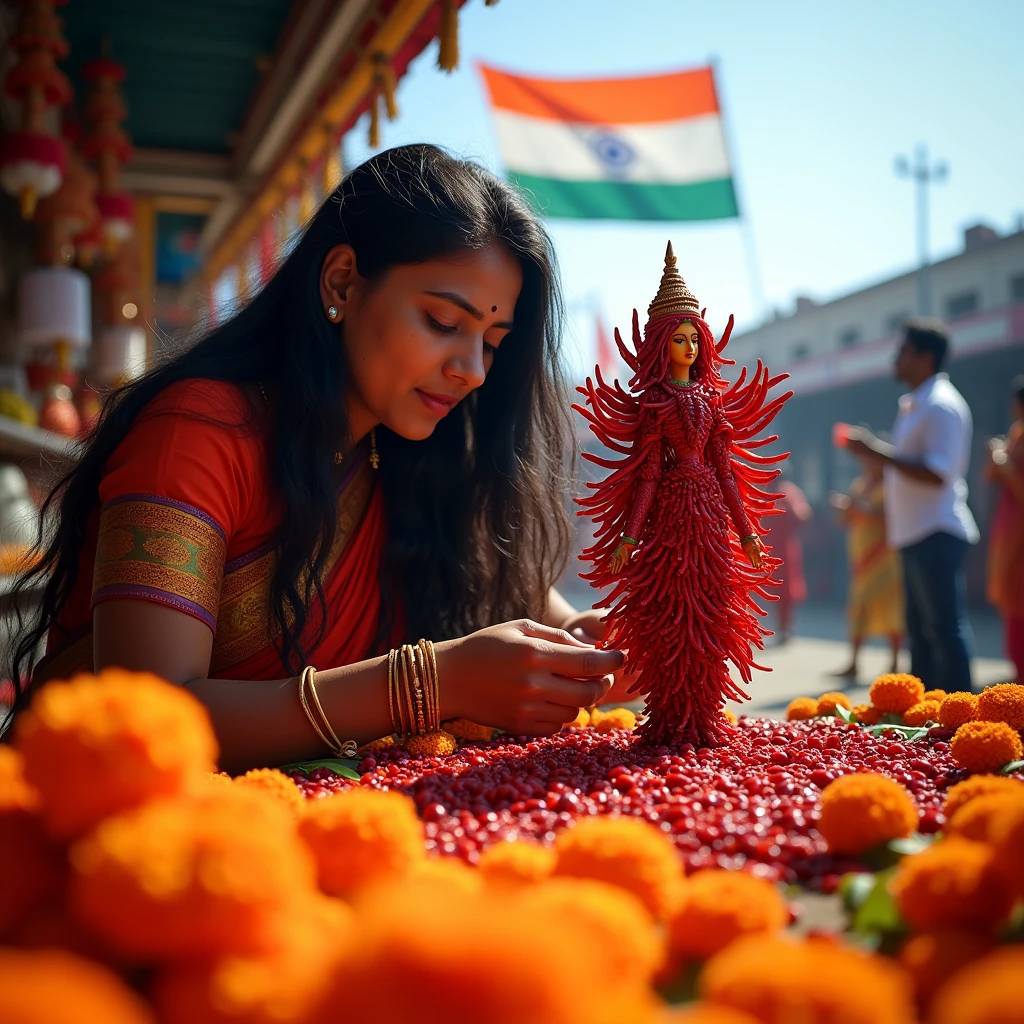 An Indian woman is making a god out of chillies. The Indian flag is waving. 
