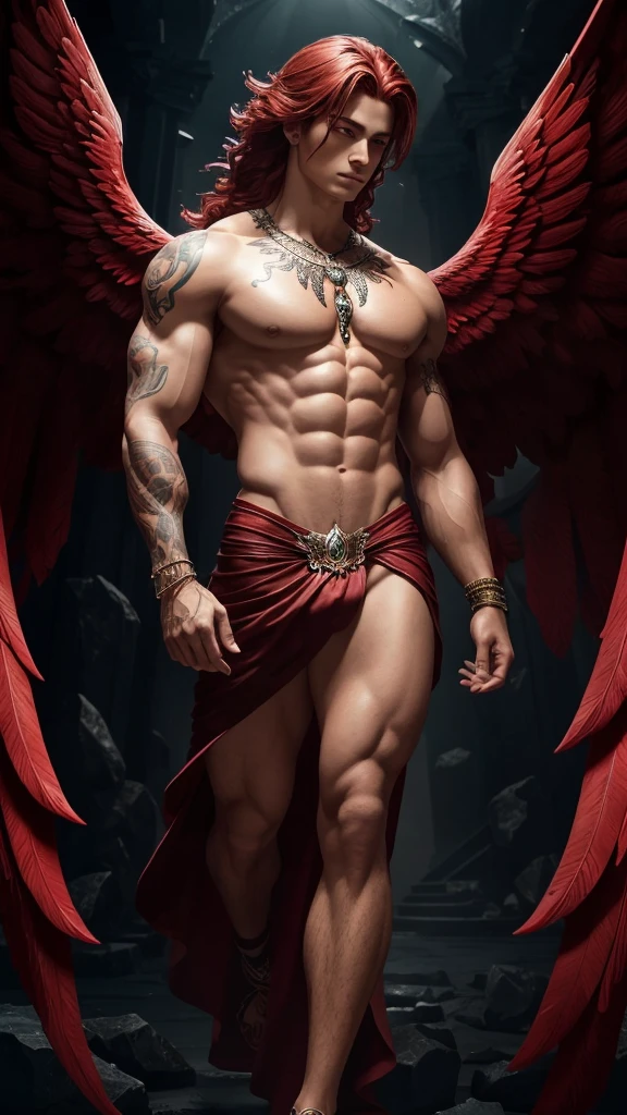 muscular male angel, wings made-up of ruby gemstones, majestic pose, bare perfect body, smooth skin, ruby red color hair, red eyes, perfect face, sexy expression, full-body tattoos, tattoo on chest, (best quality,4k,8k,highres,masterpiece:1.2),ultra-detailed,(realistic,photorealistic,photo-realistic:1.37),highly detailed, gothic, descending from sky, majestic lighting from background