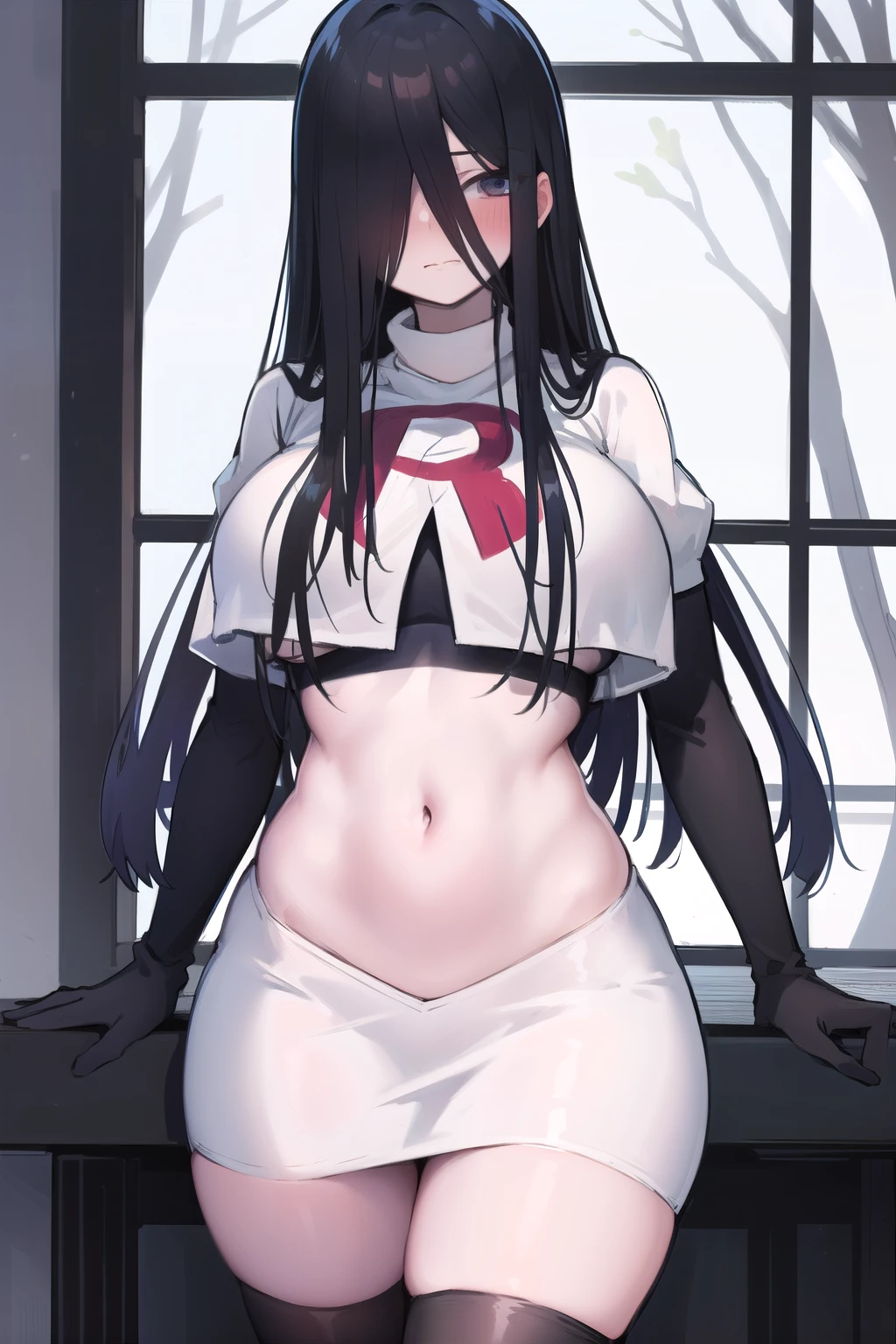masterpiece, detailed, high quality, absurdres, sadako, (hair over eyes), pale skin, blush, large breasts, curvy, navel, stomach, groin, team rocket,team rocket uniform,white skirt,red letter R,crop top,black thigh-highs,black elbow gloves, cowboy shot,