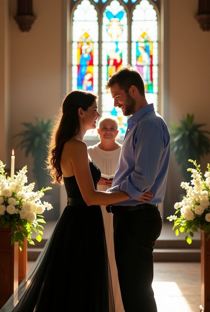 A couple singing in church together with 2 microphones