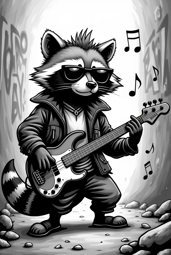 A cartoon image that can be used to make a black and white tattoo of a rocker raccoon playing bass guitar