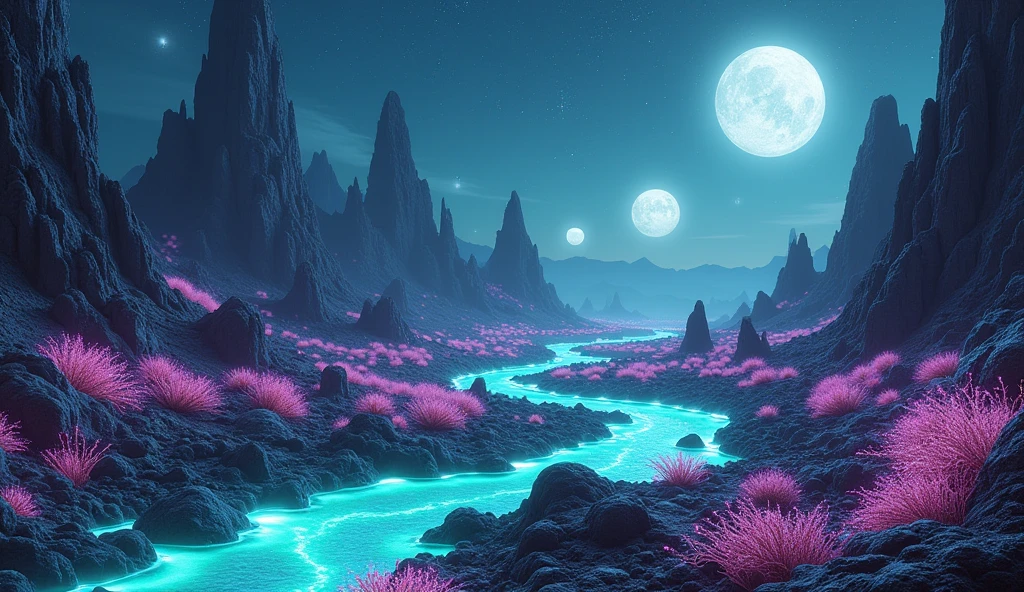 "A realistic depiction of an alien planet with bizarre terrain and unusual life forms. The landscape features rocky formations, colorful alien vegetation, and glowing rivers of liquid flowing across the surface. The sky is dominated by multiple moons and distant stars, creating an eerie yet captivating atmosphere. The alien creatures have intricate details, with unique textures and bioluminescent patterns. The overall tone is mysterious, with shadows cast by the moons and soft light illuminating parts of the scene, emphasizing the alien nature of the environment. High-resolution, ultra-realistic textures, detailed lighting, 4K, photorealistic rendering, and intricate details."