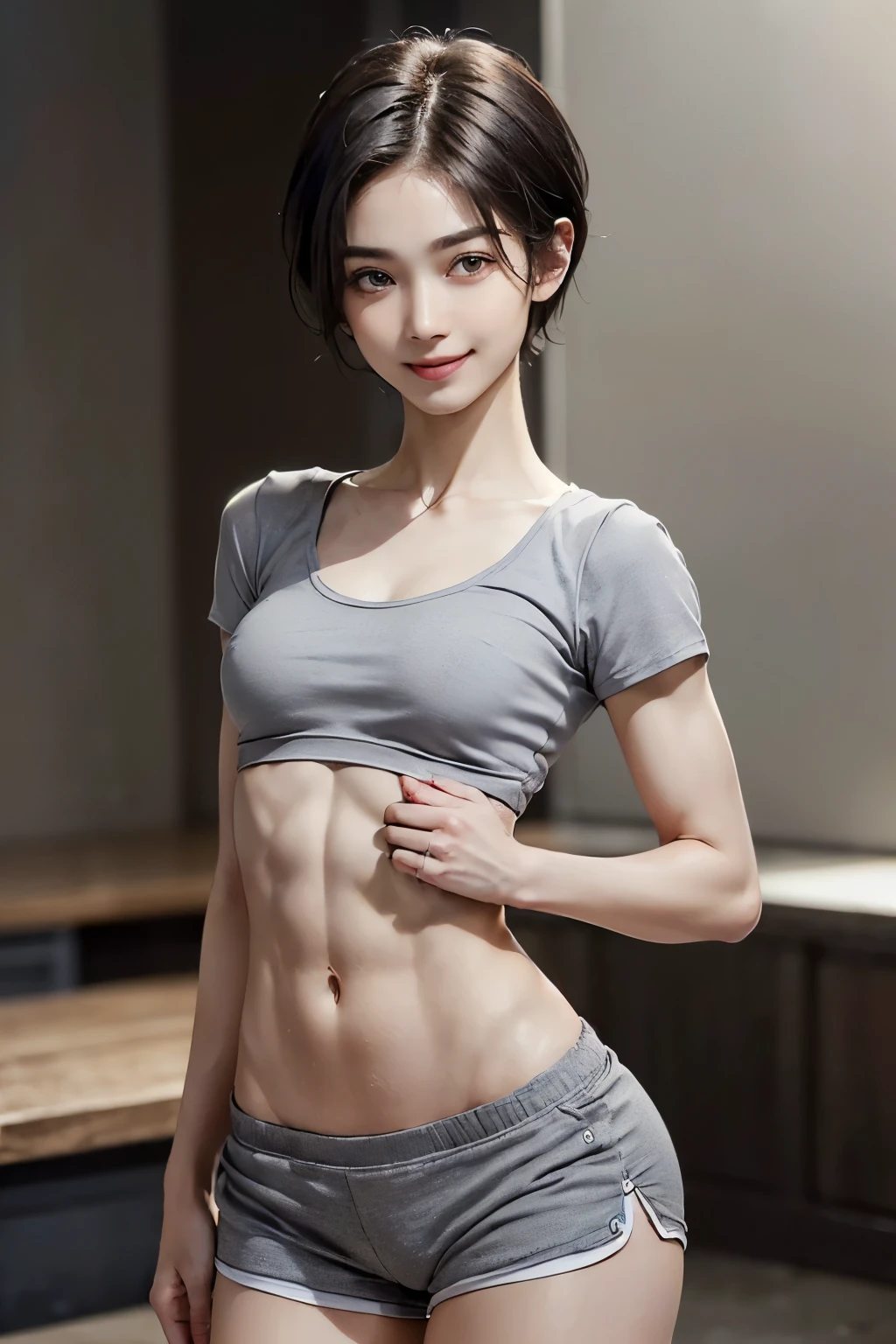 (((18 year old boyish Japanese girl with very small breasts:1.3, (((A short-sleeved t-shirt that fits tightly to a very small bust.:1.23,Short grey sweat shorts:1.22))), ((Highest quality, 8k, masterpiece: 1.3)), Sharp, clear focus: 1.2,(simple, Symmetrical and beautiful Ulzzang makeup:1.2),((Beautiful smile:1.3)),(Highly detailed face and white skin texture:1.2), ((Very short, boyish short cut:1.23))fine dark brown eyes,((Central composition:1.5,Frontal close-up shot of the upper body:1.48,Stand with arms raised 1.3)), (Beautiful interior with natural light:1.2),((Very small breasts:1.97)),(Muscular and lean build:1.5),(muscular limbs:1.3),(Broad shoulders:1.34),((Fine abdominal muscles:1.7)),(quite thin thighs:1.3),((Very short and thin body:1.4)),(toned little buttocks:1.31),(Central composition:1.4)