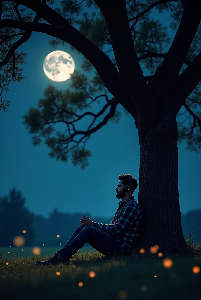 show me a man sitting under the tree while listening music at the middle of the night