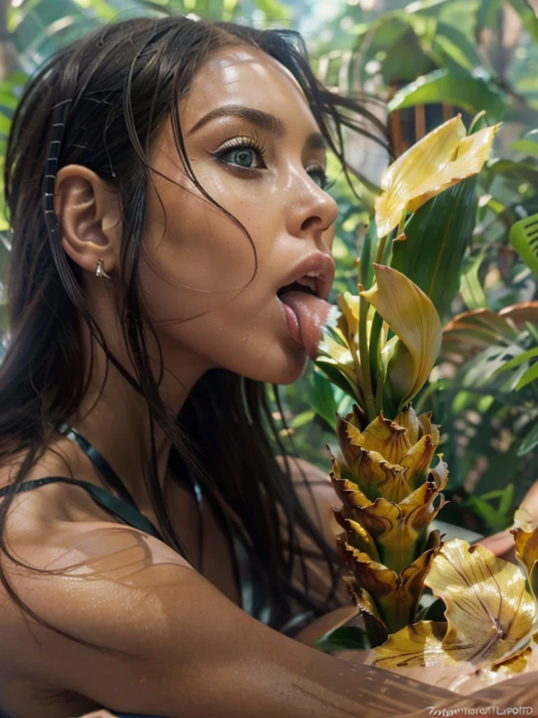 ((A woman lick a large anthurium flower, golden nectar flows from the flower )), Hyper photo realistic. Higheast quality. Masterpiece.Hyper realistic human features. Perfect facial features. topless, The woman has biomorphic, futuristic armor, hair composed of interlaced, net like, shapes and forms. (Sharp focused background jungle of biomorhic orbs and large spececraft.). Include the colors white, turquoise, orange and copper. Vanilla sky. Art by Todd Lockwood, Otto Pilny, Otto Rapp, and Peter Gric. Cgsociety, gothic art, fractalism, fantasy, dystopian art, neo-figurative, vray tracing Trending on zbrush central, fantasy art, zbrush, biomorphic, fractalism. Smooth, sharp focus. A photo realistic, surreal, image of a female that transcends the boundaries of reality and imagination.The image should evoke a sense of wonder and mystery. Porcelain. 8k