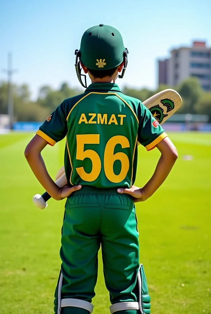 A 18 years old boy wearing a Pakistan cricket team kit with named "Azmat" and "56" number printed on the back side on it's kit , and cricket bat holded by the boy and stand in the cricket ground
