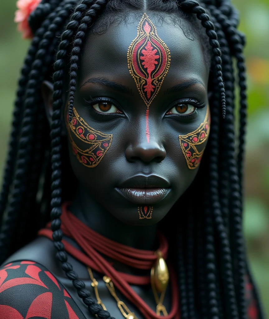 A close-up of a woman with face tattoos, dark elf, fractalpunk, intricate braided hair, matte painting portrait, beautiful android woman, pitch black skin, she's dressed in shaman clothes, tattooed face, CryptoPunk, heavy makeup