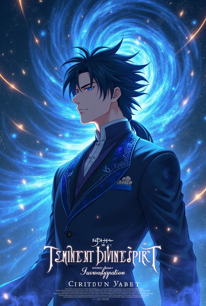 put the name: (The Eminent Divine Spirit), written in the drawing. Create a character, MASCULINE with warrior-style JAPANESE ANIME STYLE in a cosmic environment, black hair with a cobalt blue strand in a single hair, cobalt blue eyes. Don't forget to put the name "THE EMINENT DIVINE SPIRIT".