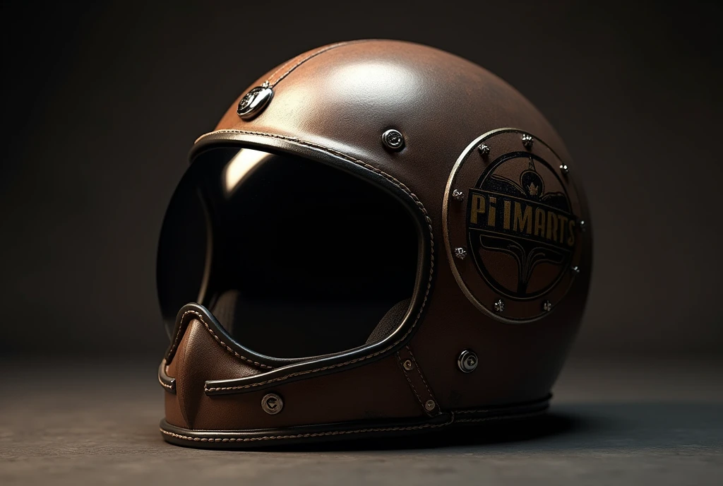 vintage motocicle helmet logo, with text PIVARTS, circle, intricate details, high quality, photorealistic, 8k, sharp focus, extreme detail, studio lighting, professional photography, dynamic composition, dramatic lighting, moody atmosphere, cinematic rendering, elegant typography, minimalist design