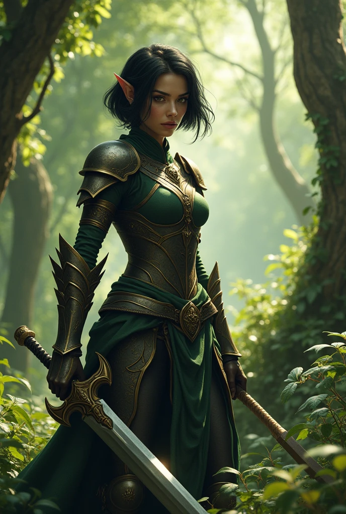 Female elf warrior with short black hair holding sword and shield with a forest in the background