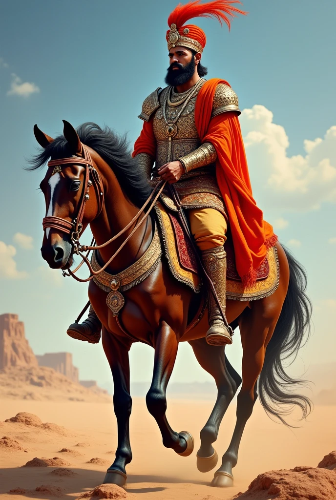 A Rajput soilder riding on horse potrait images by sides
