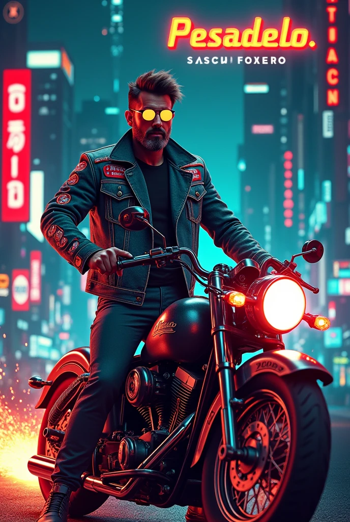 Vintage motorcycle event poster, written in Portuguese: 10th Anniversary of Pesadelo Motoclube January 18, 2025, cyberpunk biker with a denim motorcycle club vest