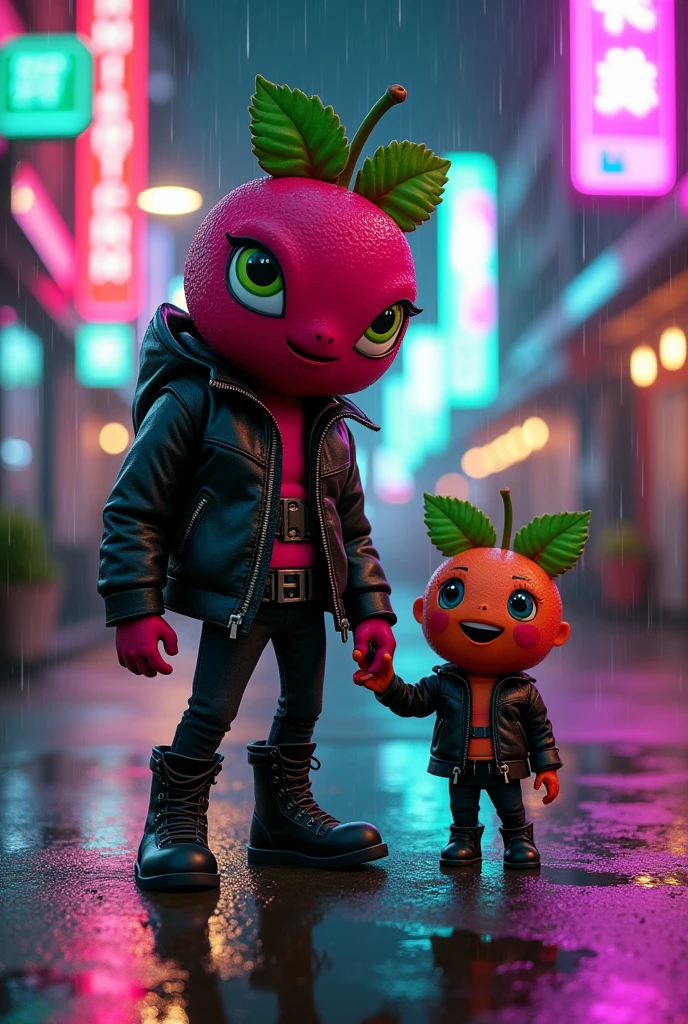 Create an urban night scene, with a light rain falling. En el centro de la imagen, place two characters with fruit-shaped heads, like shiny purple raspberries. The larger character should be a stylized humanoid, wearing a black leather jacket, black pants and boots, with a futuristic punk style. Their fruit-shaped head should have a happy expression, with big, bright eyes and a small smile. The second character should be a smaller version, more adorable, with a round fruit head and green leaves coming out of the head, reminiscent of a plant. They are together on an urban street lit with vibrant neon lights, like green and purple. The environment reflects a rainy night atmosphere, with reflections of lights in the puddles of water on the sidewalk. The overall aesthetic should be fun, cute and slightly futuristic." With as much detail as possible 