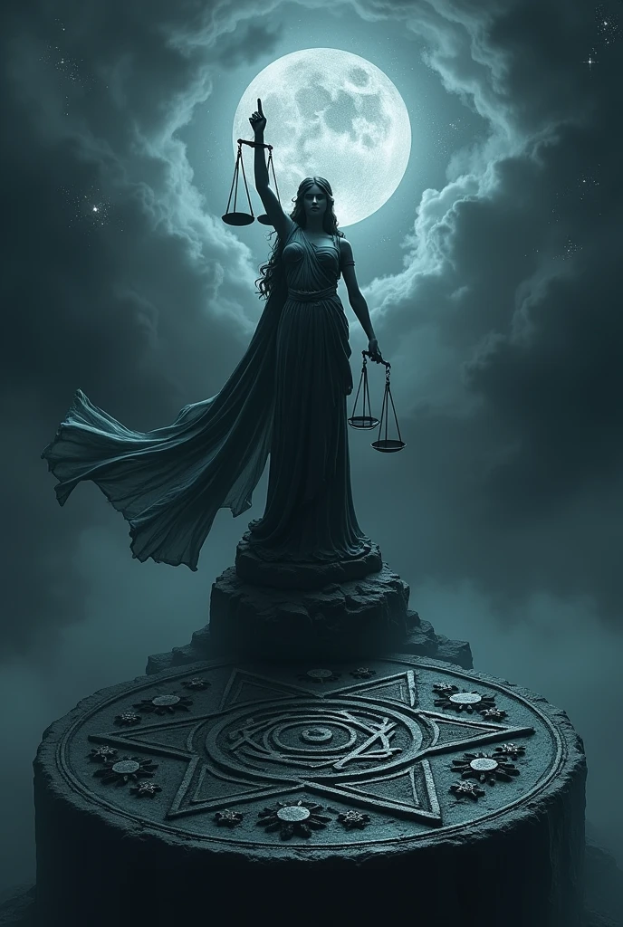 Create an image with a witchcraft symbol, black color, with a Goddess of Justice
