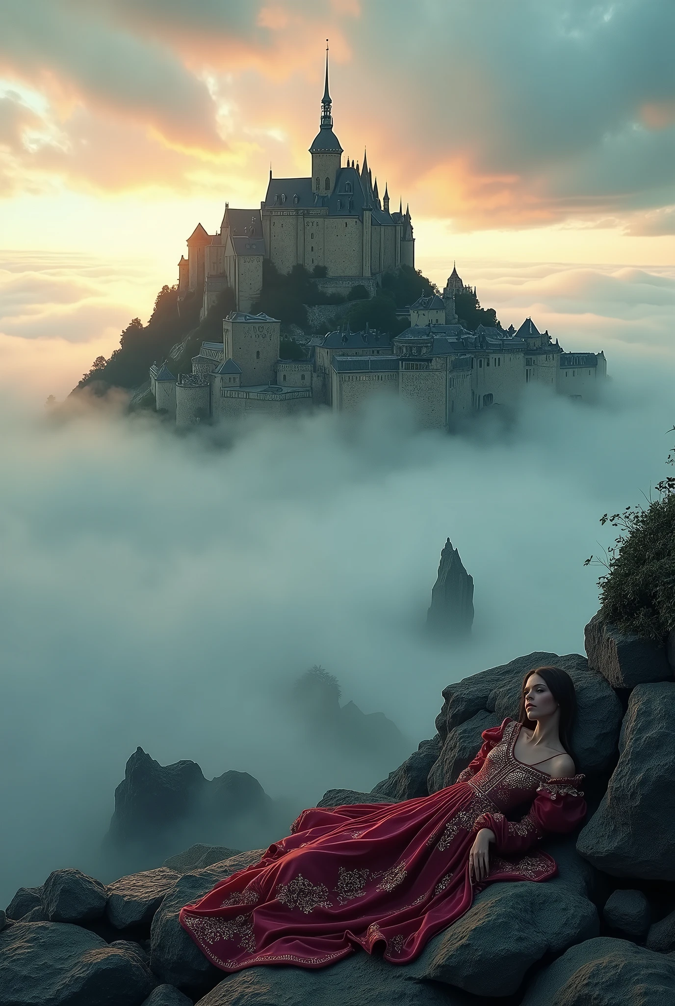 Mont Saint-Michel, towering over a mass of rock floating in the sky.
Underneath the rock, the nobility are cattle mutilated.
