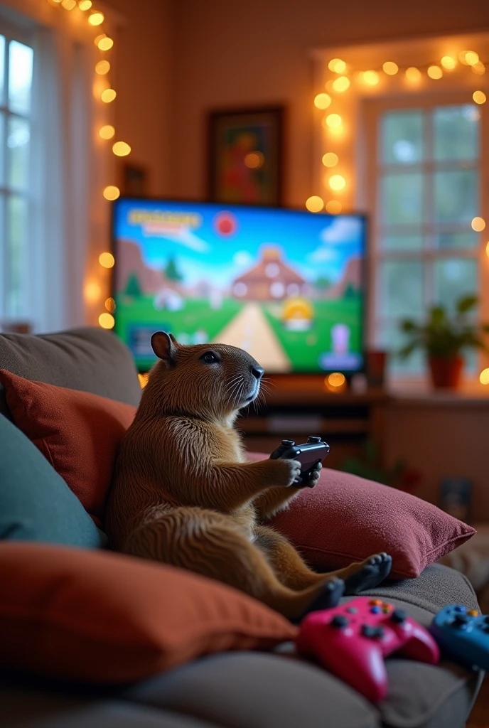 A realistic capybara playing video games