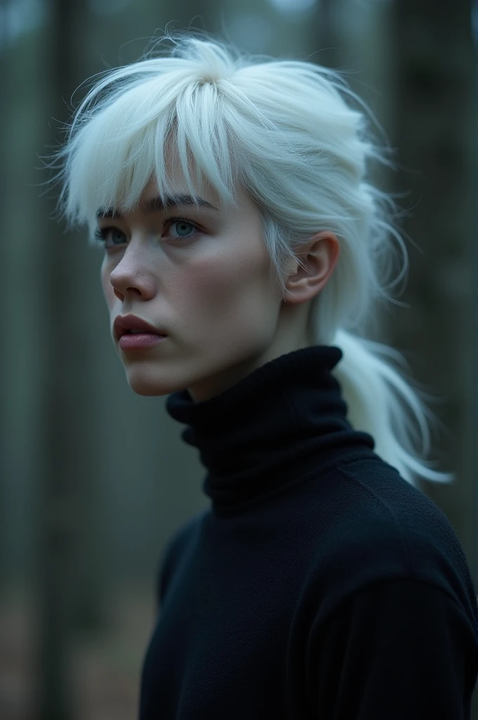 Tall white young man, forte e musculoso. His shoulders are broad and muscular. NORMAL and ROUND face. . SMALL and ROUND CHIN. Her lips are thin, NORMAL and beautiful. HIS EYES ARE VIOLET and VERY BRIGHT. his Eyebrows are white. white hair, VERY LONG and voluminous thrown back. wear a black turtleneck.
He has a mysterious appearance and lives in a night forest.