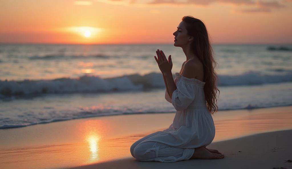 A photorealistic image of a young woman with long, flowing hair, kneeling on a serene beach at sunset, with her hands raised. The sky is painted with soft hues of orange and purple, reflecting her somber mood. Gentle waves lap at the shore, and her expression conveys deep longing and sadness. The scene captures intricate details of her clothing, the texture of the sand, and the delicate play of light on the water, shot with an 85mm lens, f/1.2 aperture for a shallow depth of field, emphasizing her emotional state.