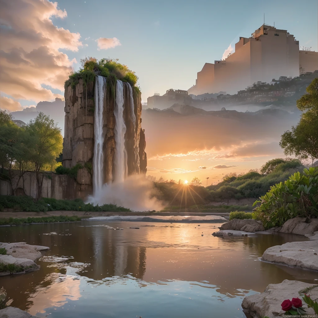 (8k, highest quality, masterpiece, final fantasy style: 1.2), (unRealistic, photoRealistic: 1.37), Dreamy landscape, epic scenes, sunset, Fantasy, Unsurreal landscapes, Super detailed, Flying futuristic  Castle, Floating Island in the Sky, Seven-colored swirl of light, Intense lightning, nebulas,Complex Light, Colored light, blue clear Large Lake, Starry sky reflected on the lake surface, Countless shining stars, Meteors,  Reflections , (A pillar of light emanated from the ground:1,2), (((roses and orchids gardens , bright sunset, pink and blue clouds, waterfalls in the sky, realistic style))), Hyperrealistic drawing , burning futuristic skyscrapers, , timeless realms, healing light magic effect, in a crystal clear blue magical lagoon of the fairyland, crystal clear waters with silver surface reflections, sharp focus, (close-up:0.9), (bright white theme:1.2), (bright white tone:1.2), (deep blue tone:1.3),((( realistic, Hyperrealism, vivid colours , landscapes , alien nature , science fiction themes))), mountains and abyss, water resources and waterfalls , fog , a mesmerizing beautiful woman sitting in the shallow lake, her reflections on the surface of the lake , long brunette hair, white blouse