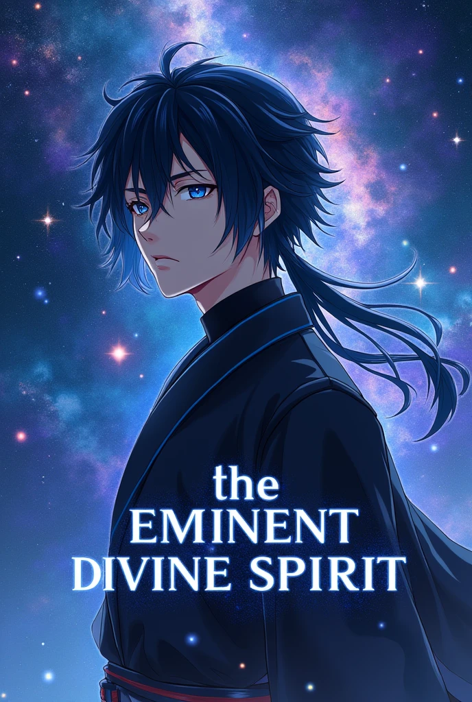 put the name: (The Eminent Divine Spirit), written in the drawing. Create a character, MASCULINE with warrior-style JAPANESE ANIME STYLE in a cosmic environment, black hair with a cobalt blue strand in a single hair, cobalt blue eyes. Don't forget to put the name "THE EMINENT DIVINE SPIRIT".