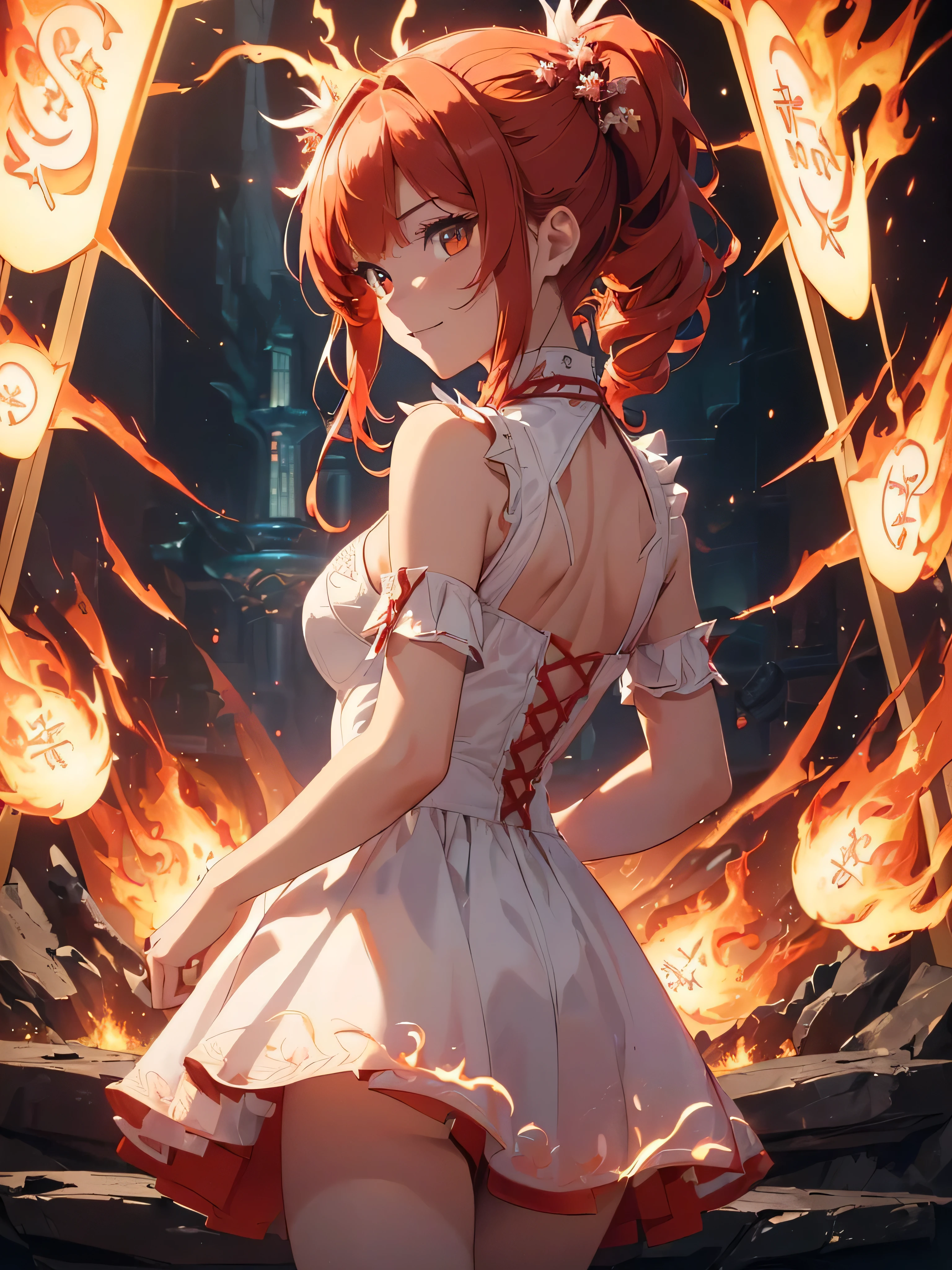 (((best quality, sharp image, clear image, cinematic lighting, 8k resolution, masterpiece, ultra detailed, intricate))) Girl, (((looking over left shoulder))), (shot from behind), ((half shot)), fiery red hair, pigtails, ((white dress)), ((flaming sigils, flaming runes)), spiky rock formations, (flaming lotus flowers frame), (intricate background), ((Phoenix)), (swirling flames), smiling