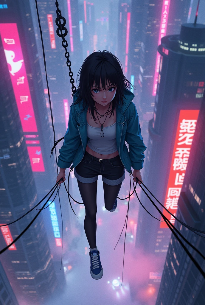 Woman, full body, arms up tied poe cables, suspended by cables, open legs tied by cables, bra and panties, eyes closed, angry face, cyberpunk, realistic 4k