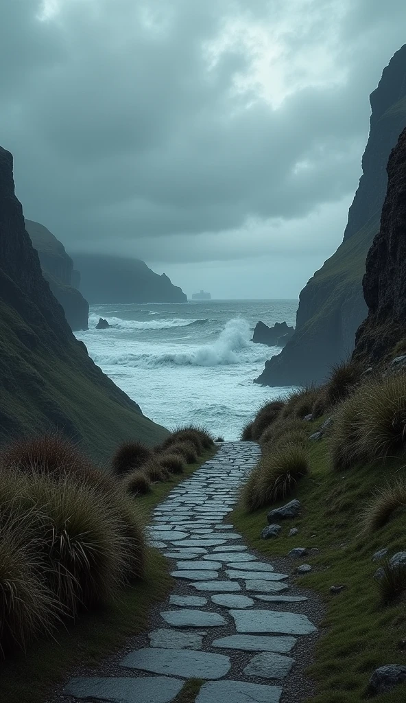 A path straight to the sea, cloudy and dark atmospere