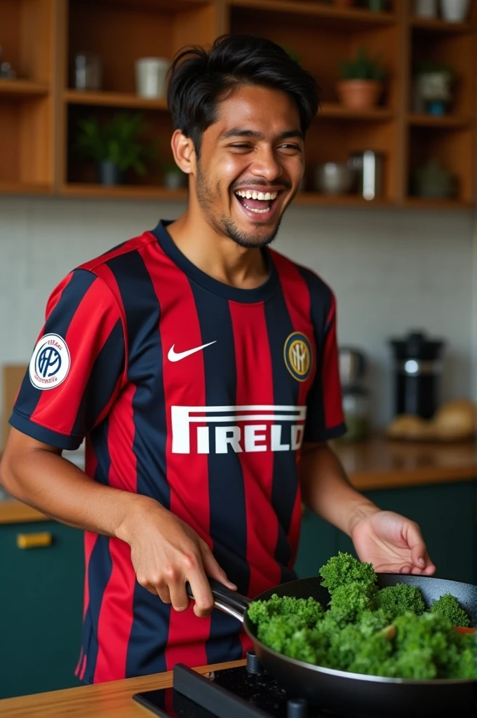 real photo. young man Indonesian face. wearing an Inter jersey, the expression was laughing out loud. is sautéing kale vegetables in the pan. kitchen atmosphere. real life Ultra-realistic 8K photograph, shot with a Leica Q2, strong color contrast and sharp clarity --ar 9:16 --quality 2 --
