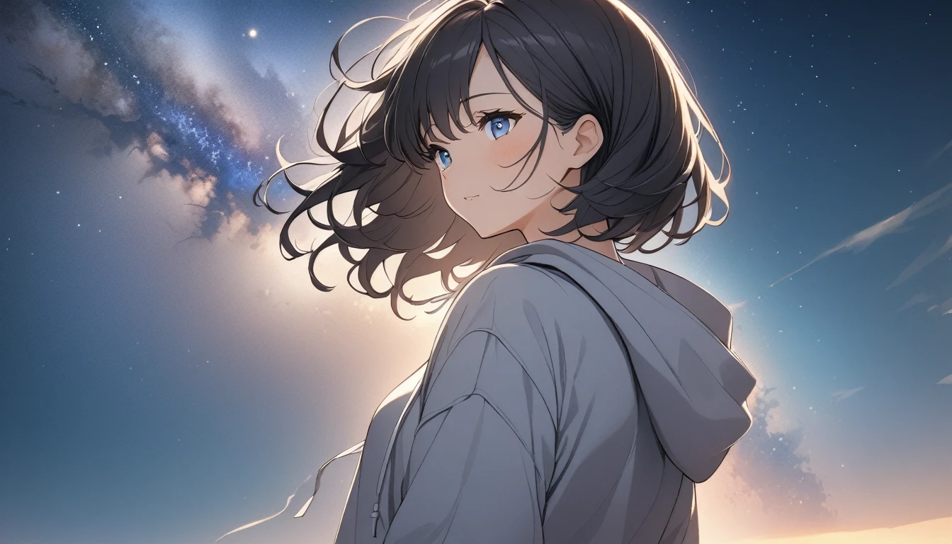 Starry Sky、milky way、A woman at the center、Black Hair、Short Hair、Hair blowing in the wind、Blue Eyes、Wearing a hoodie、Back view、Upper Body、Low - Angle
