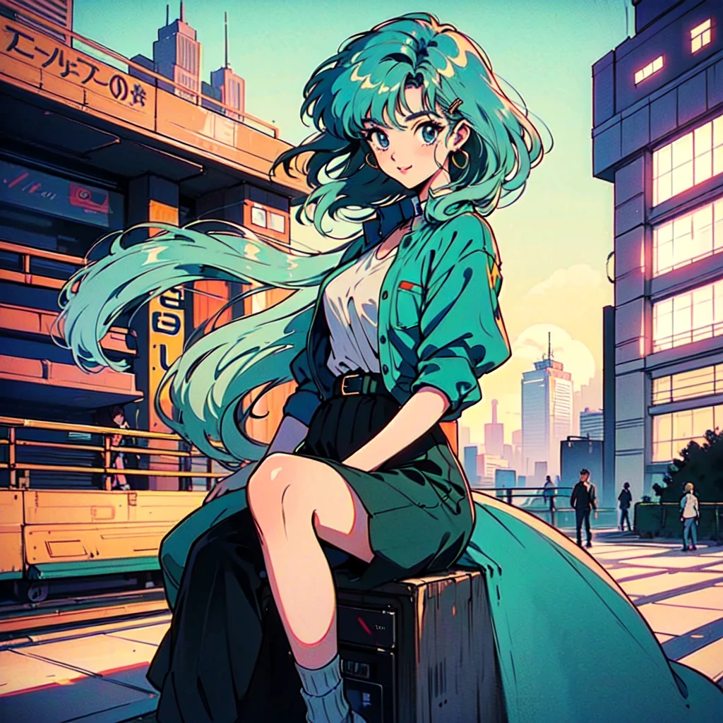 (80's, Retro, City Pop Poster:1.5), (Album cover), (masterpiece, Highest quality), (anime, figure), (pastel colour:1.4),
Best Photo Poses, Dynamic Angle,
whole body、Cheerful face、smile、One high school girl、White shirt、skirt、Pedestrian bridge、Skyscraper、sunset、Complex background、Detailed Hair、Light green hair with pink inner color、Wavy Hair、Gradient Hair、Green Hair、Side braids、hair like clouds、Soft Hair、Two Side Up Hair、Faint lighting、There is movement、Lively and active、Gold hair clip、loose socks、チェック柄skirt、holding a paper cup of coffee、