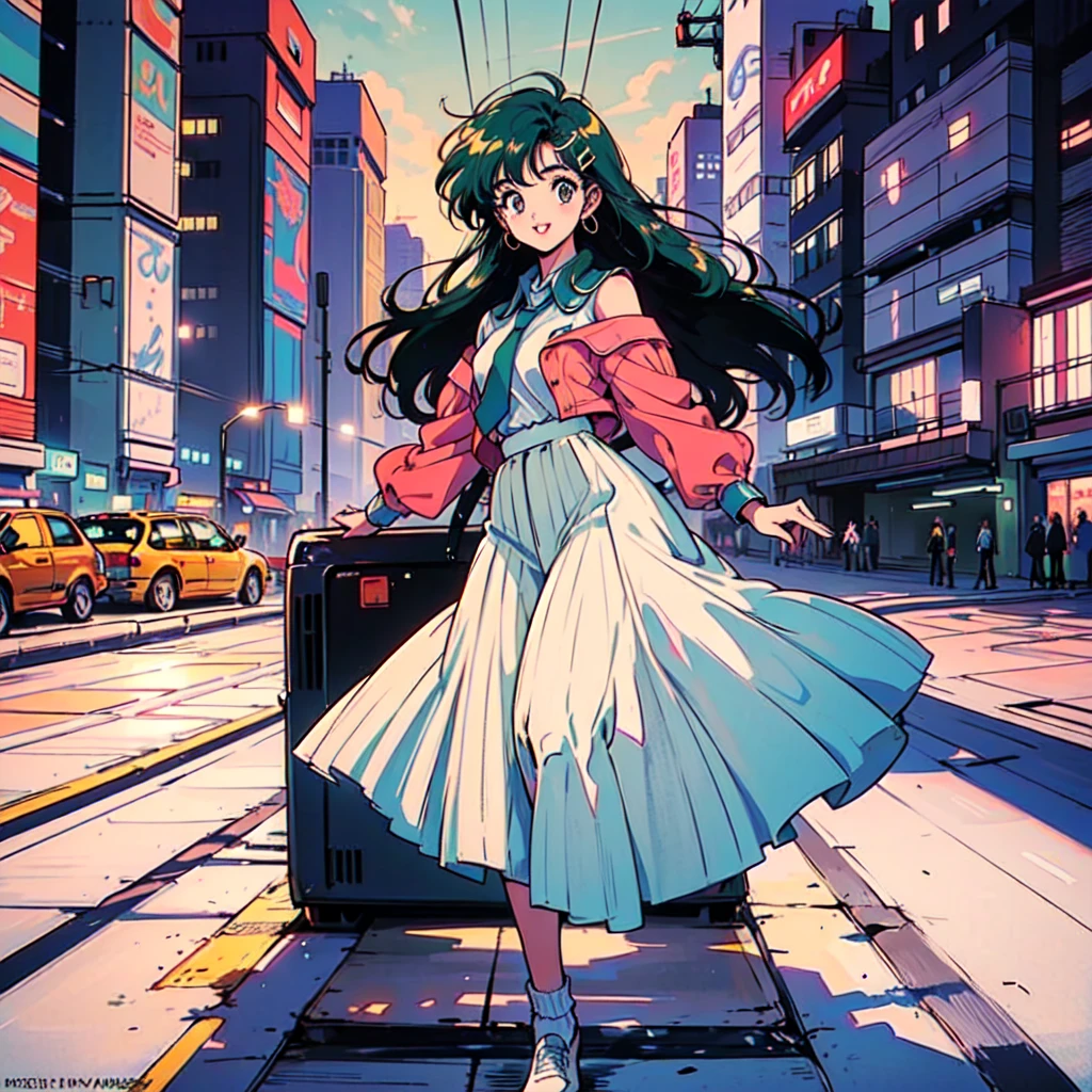 (80's, Retro, City Pop Poster:1.5), (Album cover), (masterpiece, Highest quality), (anime, figure), (pastel colour:1.4),
Best Photo Poses, Dynamic Angle,
whole body、Cheerful face、smile、One high school girl、White shirt、skirt、Pedestrian bridge、Skyscraper、sunset、Complex background、Detailed Hair、Light green hair with pink inner color、Wavy Hair、Gradient Hair、Green Hair、Side braids、hair like clouds、Soft Hair、Two Side Up Hair、Faint lighting、There is movement、Lively and active、Gold hair clip、loose socks、チェック柄skirt、holding a paper cup of coffee、