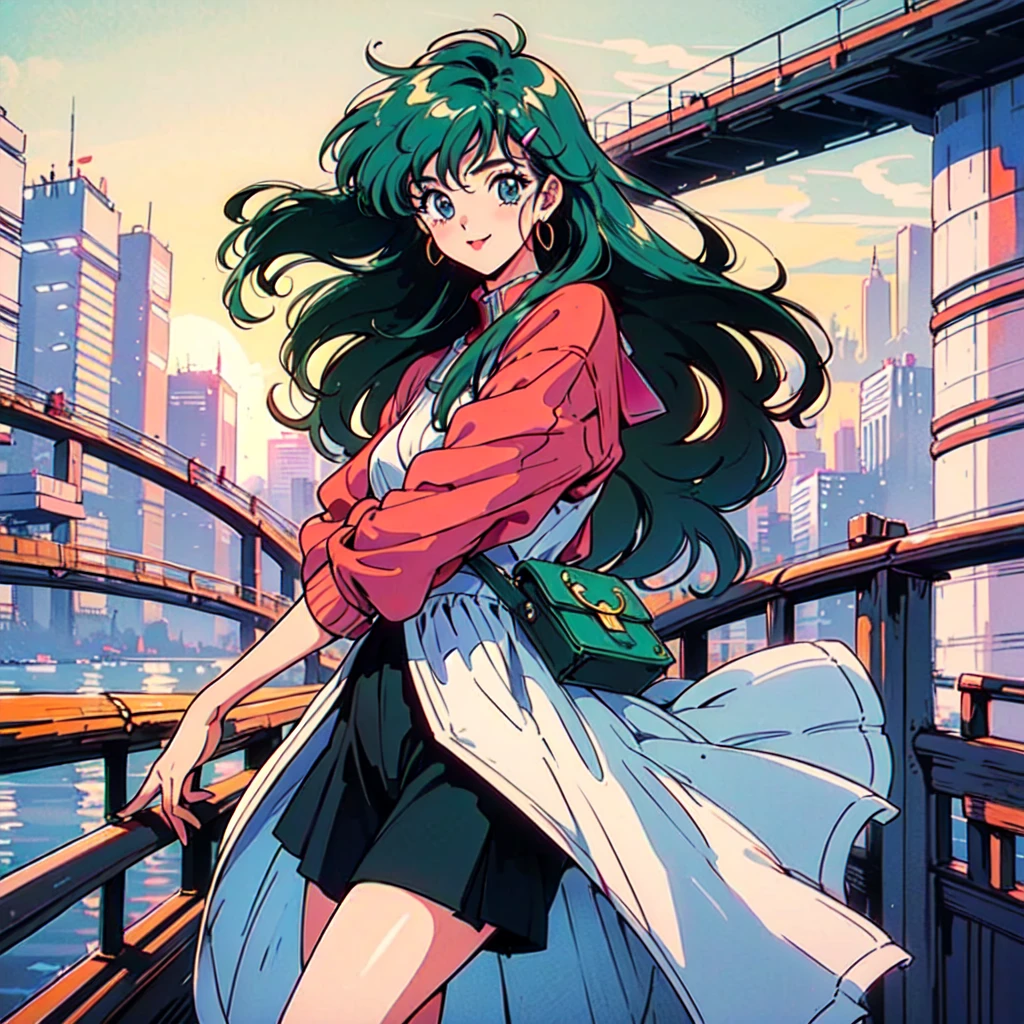(80's, Retro, City Pop Poster:1.5), (Album cover), (masterpiece, Highest quality), (anime, figure), (pastel colour:1.4),
Best Photo Poses, Dynamic Angle,
whole body、Cheerful face、smile、One high school girl、White shirt、skirt、Pedestrian bridge、Skyscraper、sunset、Complex background、Detailed Hair、Light green hair with pink inner color、Wavy Hair、Gradient Hair、Green Hair、Side braids、hair like clouds、Soft Hair、Two Side Up Hair、Faint lighting、There is movement、Lively and active、Gold hair clip、loose socks、チェック柄skirt、holding a paper cup of coffee、