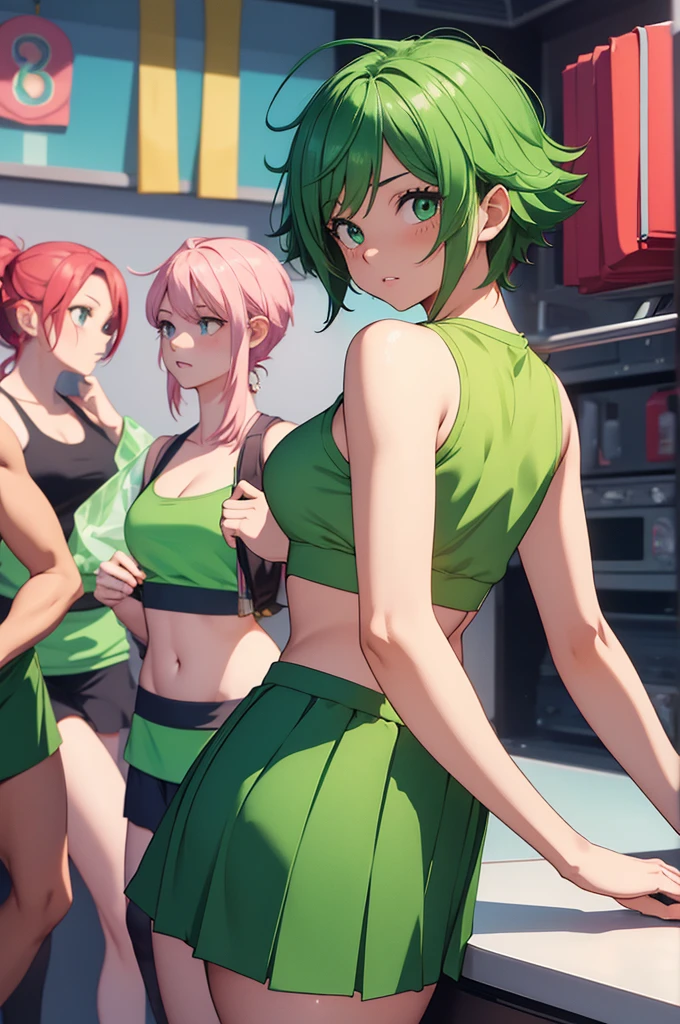 1 girl, izuku midoria as a stunning girl, short green hair, with pink highlights, tight gym leggings and a white crop top, gym, high res, ultra sharp, 8k masterpiece